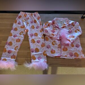 Halloween Pumpkin Pajama Set with Pink Feathers